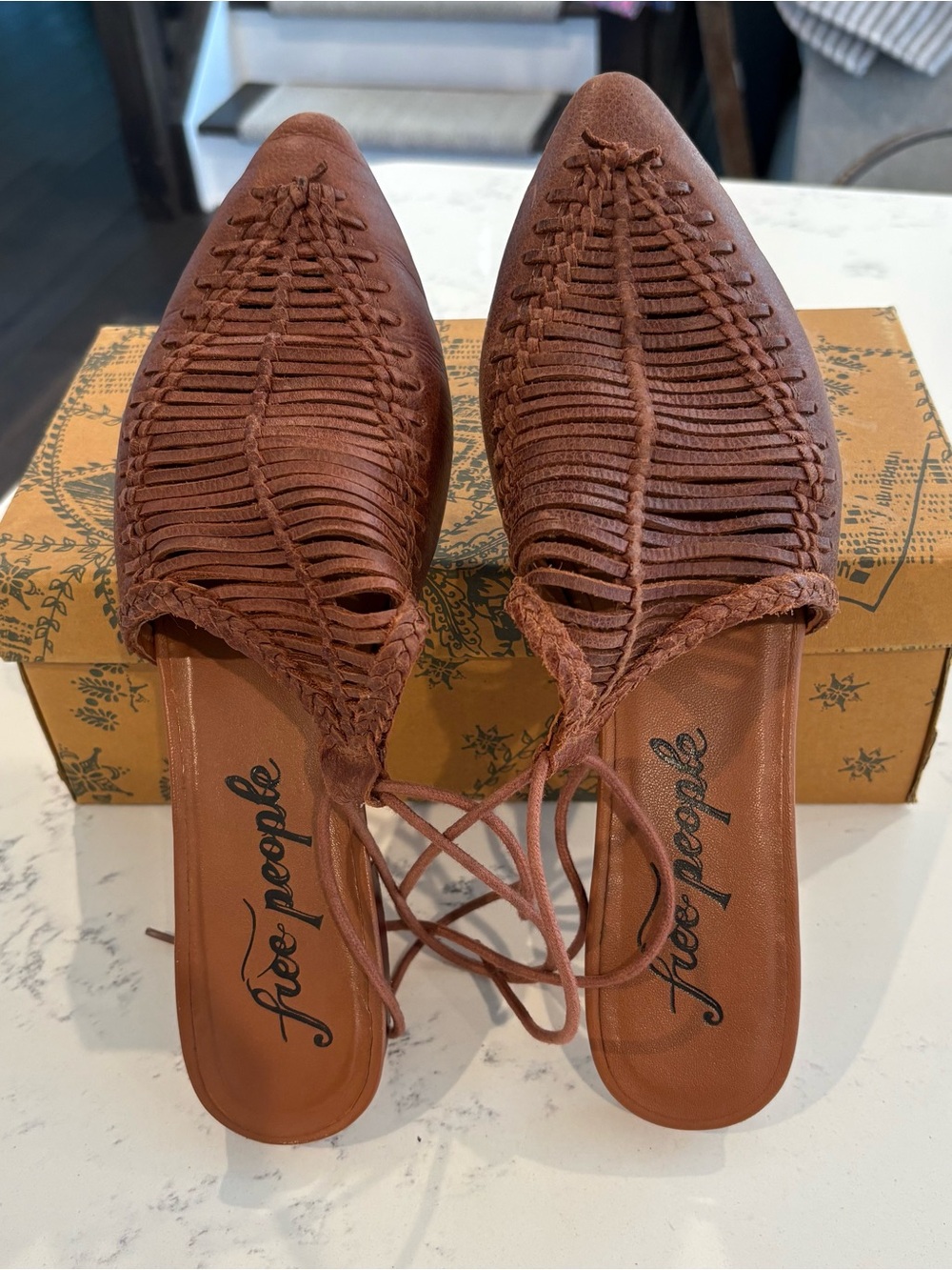 Free People Dana Woven Lace Up Flats Brown Leather EU 41 US 11 Boho Huarache